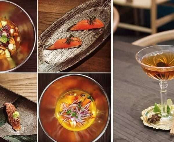 Platos de Nikkei 103. Ceviche nikkei, nigiri de tonyina, nigiri de wagyu con emulsión de salsa pachamanca, ceviche de salmón con leche de tigre de aji amarillo.