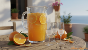 Jarra de agua de Valencia con cóctel naranja y burbujas de cava con naranjas frescas