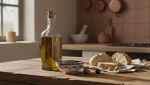 Botella de aceite de oliva virgen extra en una cocina casera