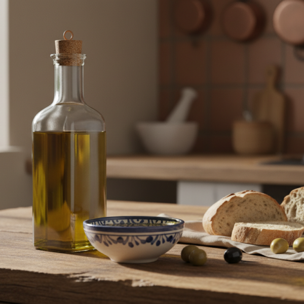 Botella de aceite de oliva virgen extra en una cocina casera