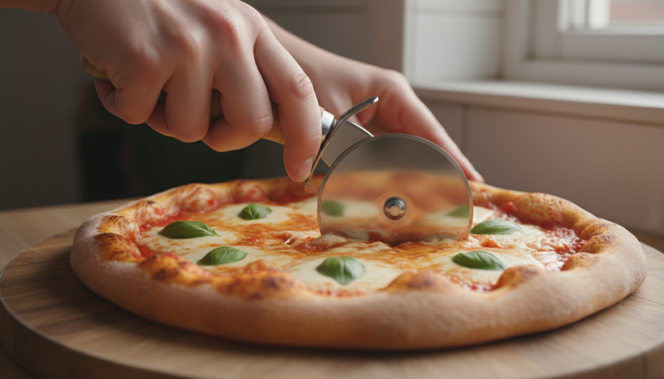 Cortapizzas: tipos, cómo elegir el bueno y trucos para cortar limpio 2 Mano cortando pizza margarita con cortapizzas de rueda de acero inoxidable