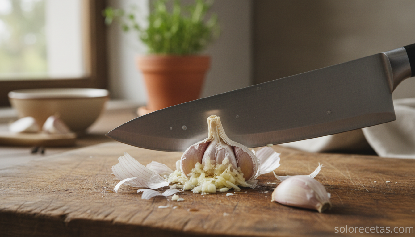 Diente de ajo aplastado con la parte plana de un cuchillo y piel suelta alrededor