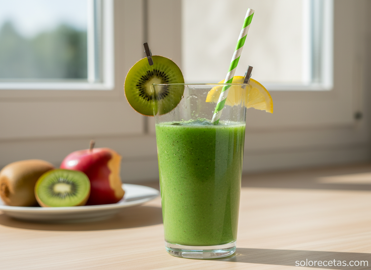 Vaso de batido de kiwi servido con rodajas de kiwi y limón en el borde