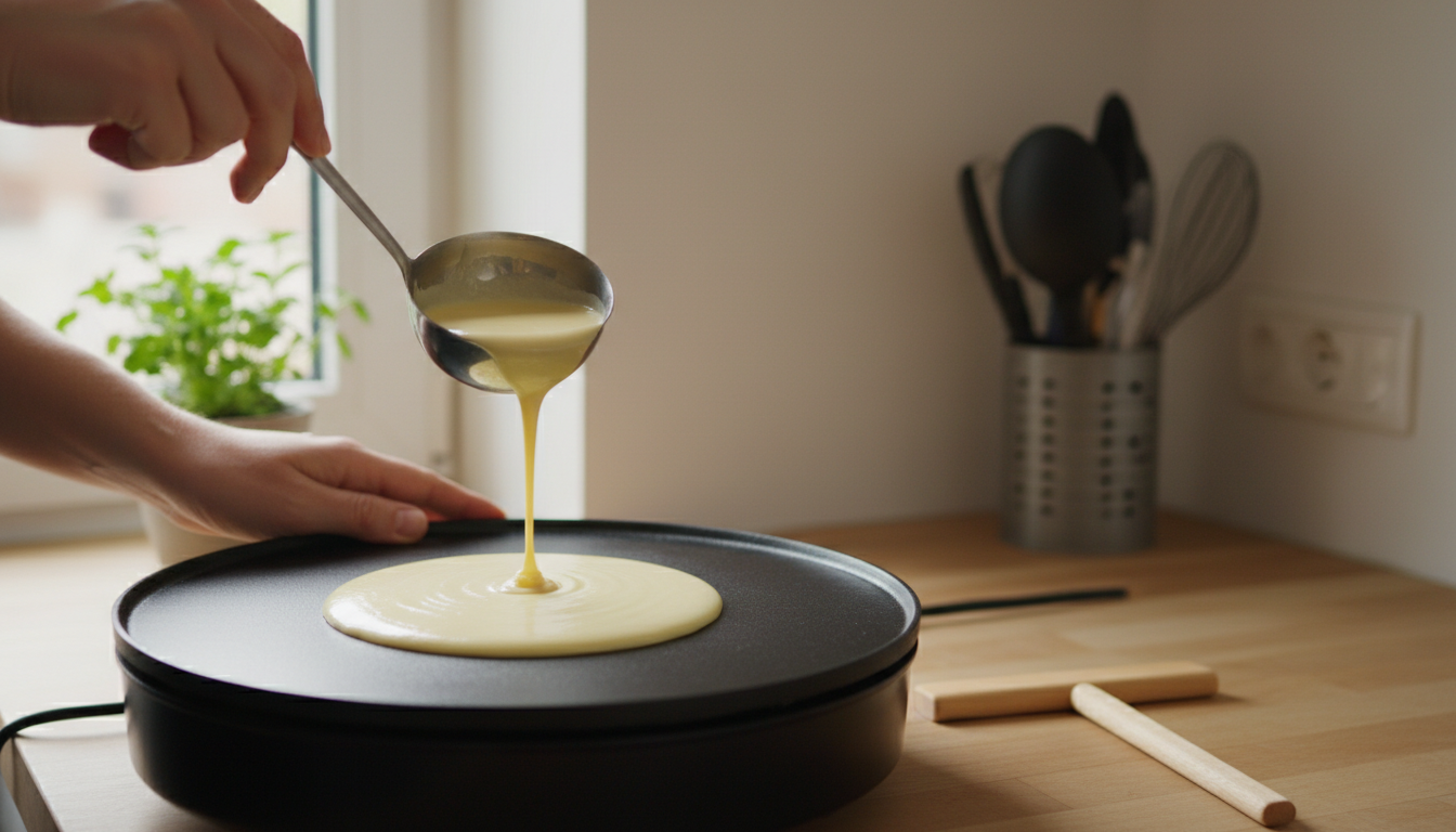 Vertiendo masa de crepes con un cazo sobre una crepera eléctrica caliente