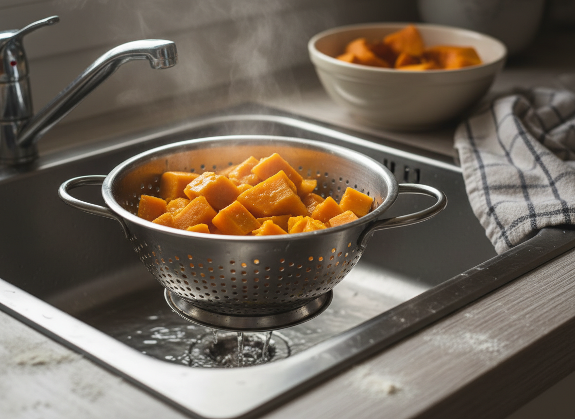 Buñuelos de calabaza caseros: receta tradicional crujiente y esponjosa 1 Trozos de calabaza cocida escurriendo en un colador de cocina