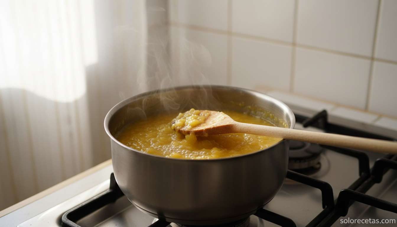 Piña en almíbar reduciendo en cazuela para sorbete de piña