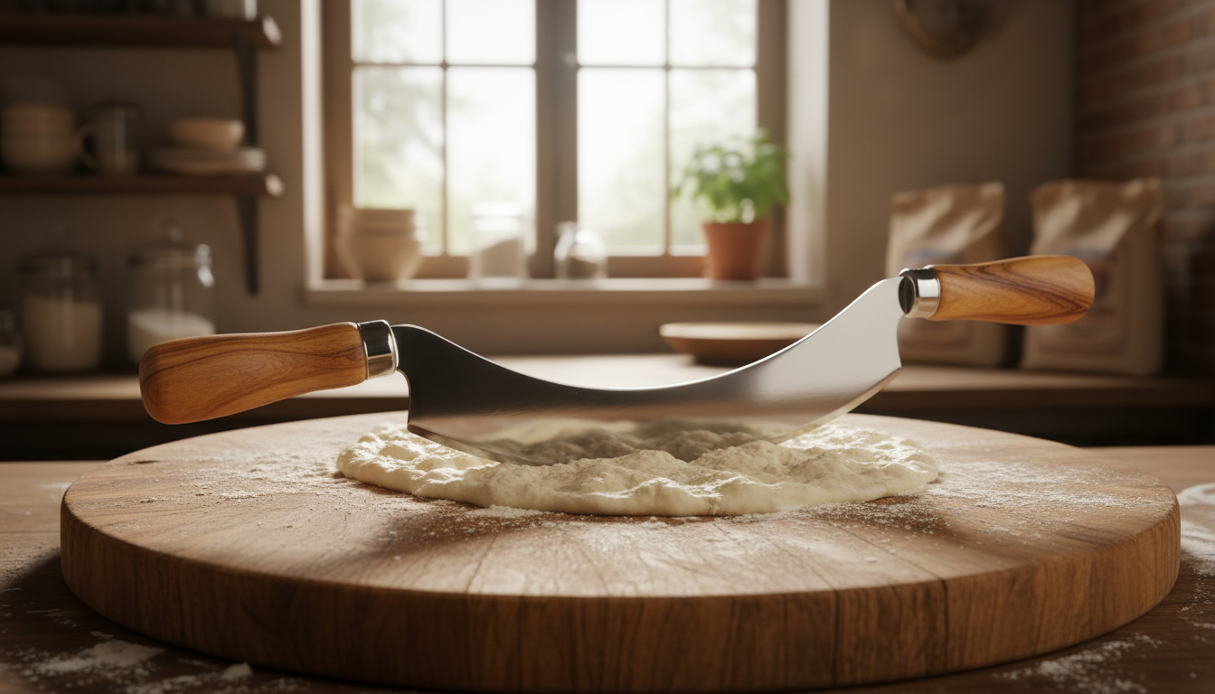Cortapizzas: tipos, cómo elegir el bueno y trucos para cortar limpio 1 Cortapizzas mezzaluna con dos asas de madera sobre tabla de cocina