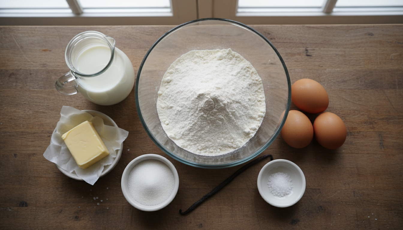 Ingredientes para crepes dulces dispuestos en una encimera de cocina