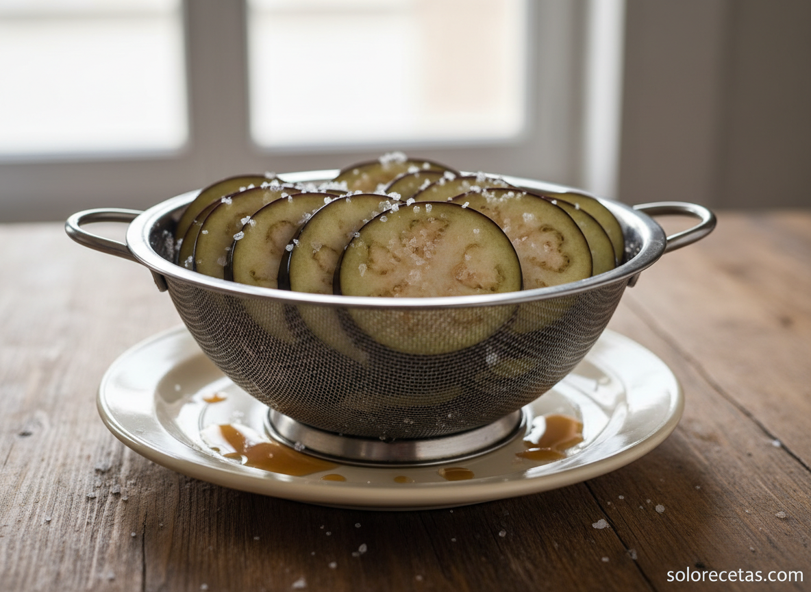Berenjenas en rodajas saladas en colador para sudar el amargor
