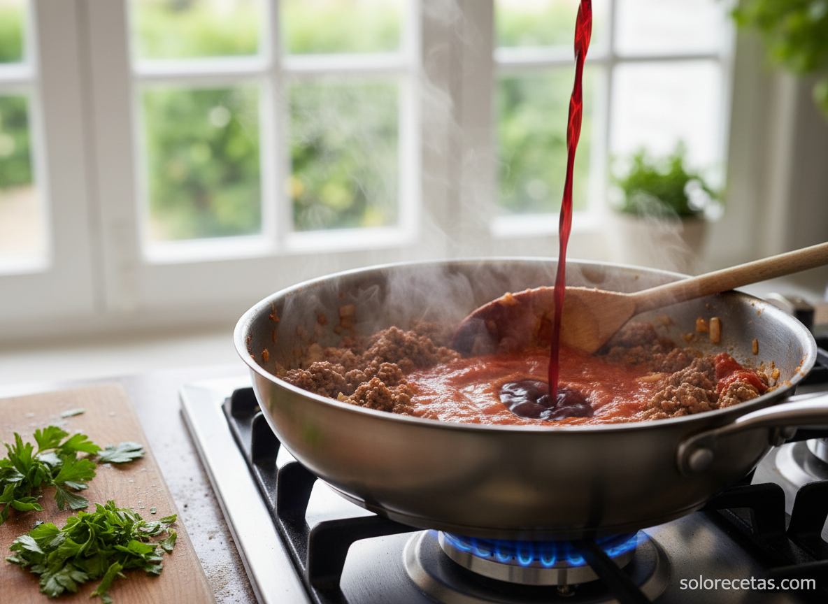 Carne picada de ternera dorandose con cebolla, tomate y vino tinto en sarten