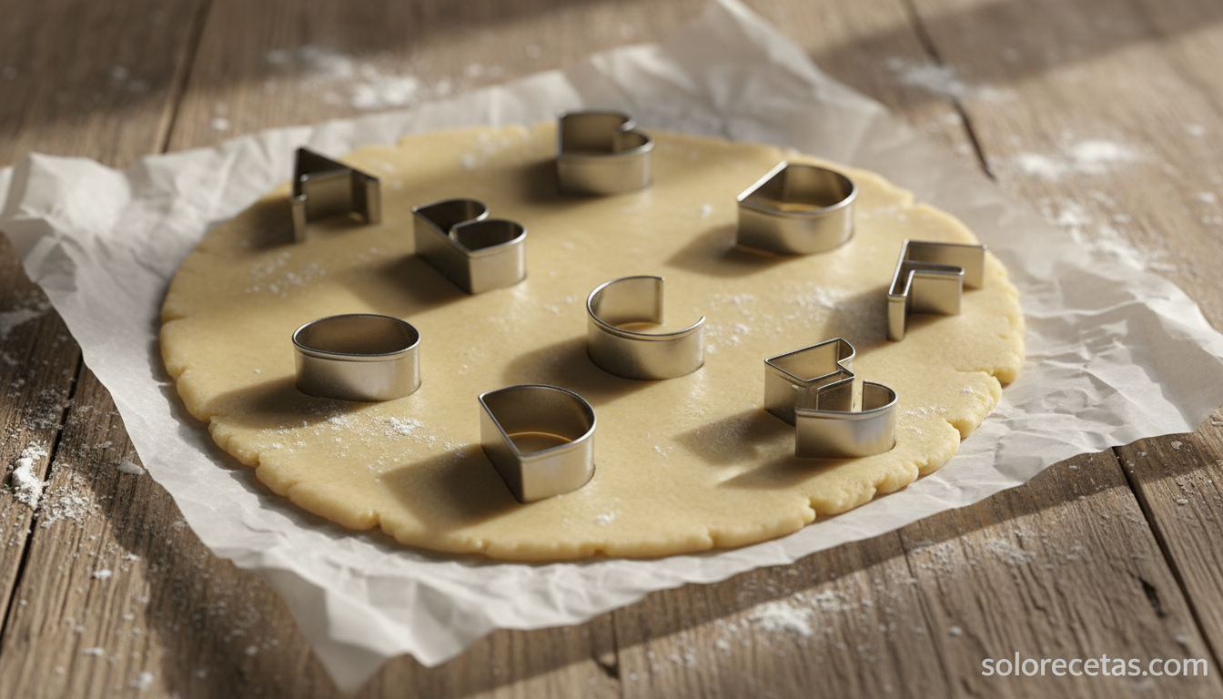 Masa de galletas estirada con cortadores de letras del abecedario