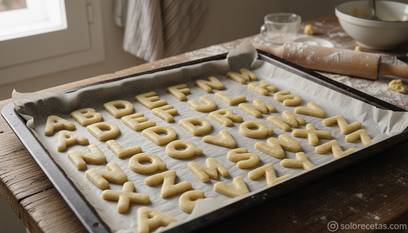 Bandeja con galletas de letras crudas listas para hornear
