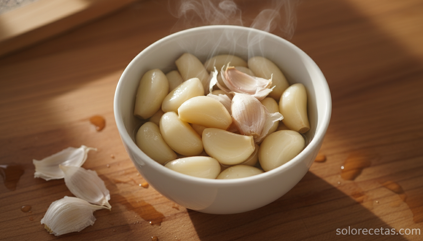 Dientes de ajo en un cuenco blanco tras un escaldado breve, con la piel suelta