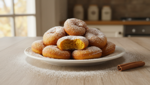 Buñuelos de calabaza caseros espolvoreados con azúcar glass y canela