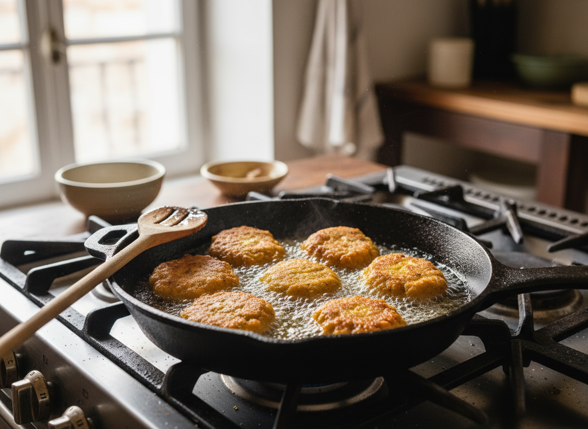 Buñuelos de calabaza caseros: receta tradicional crujiente y esponjosa 2 Buñuelos de calabaza friéndose en aceite de oliva caliente