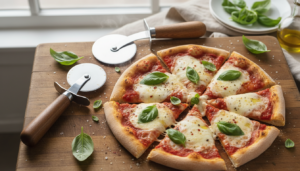 Cortapizzas de rueda y mezzaluna sobre tabla de madera con pizza margarita recién cortada