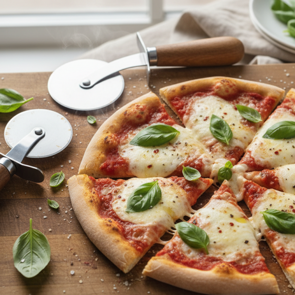 Cortapizzas de rueda y mezzaluna sobre tabla de madera con pizza margarita recién cortada