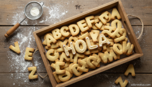 Bandeja de galletas de letras del abecedario decoradas con glasa real formando la palabra HOLA