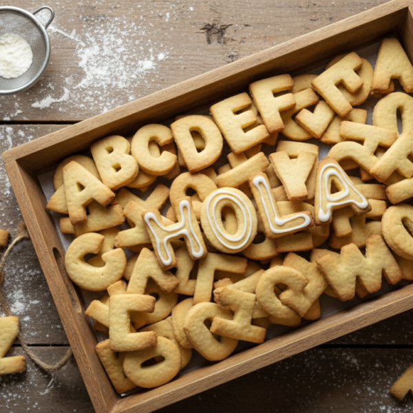 Bandeja de galletas de letras del abecedario decoradas con glasa real formando la palabra HOLA