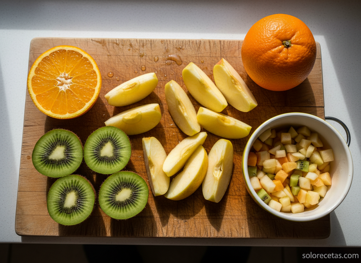Kiwis pelados, manzanas golden y naranjas listas para preparar el batido