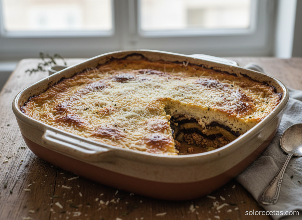 Moussaka griega recien horneada con bechamel dorada y queso gratinado en bandeja de ceramica