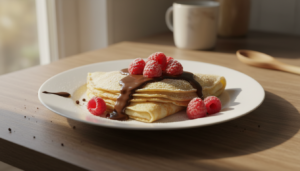 Crepes dulces caseros enrollados con chocolate y frambuesas frescas