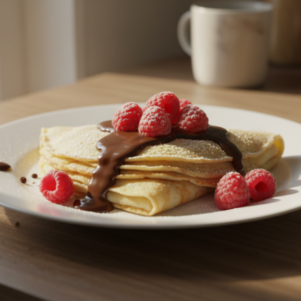 Crepes dulces caseros enrollados con chocolate y frambuesas frescas