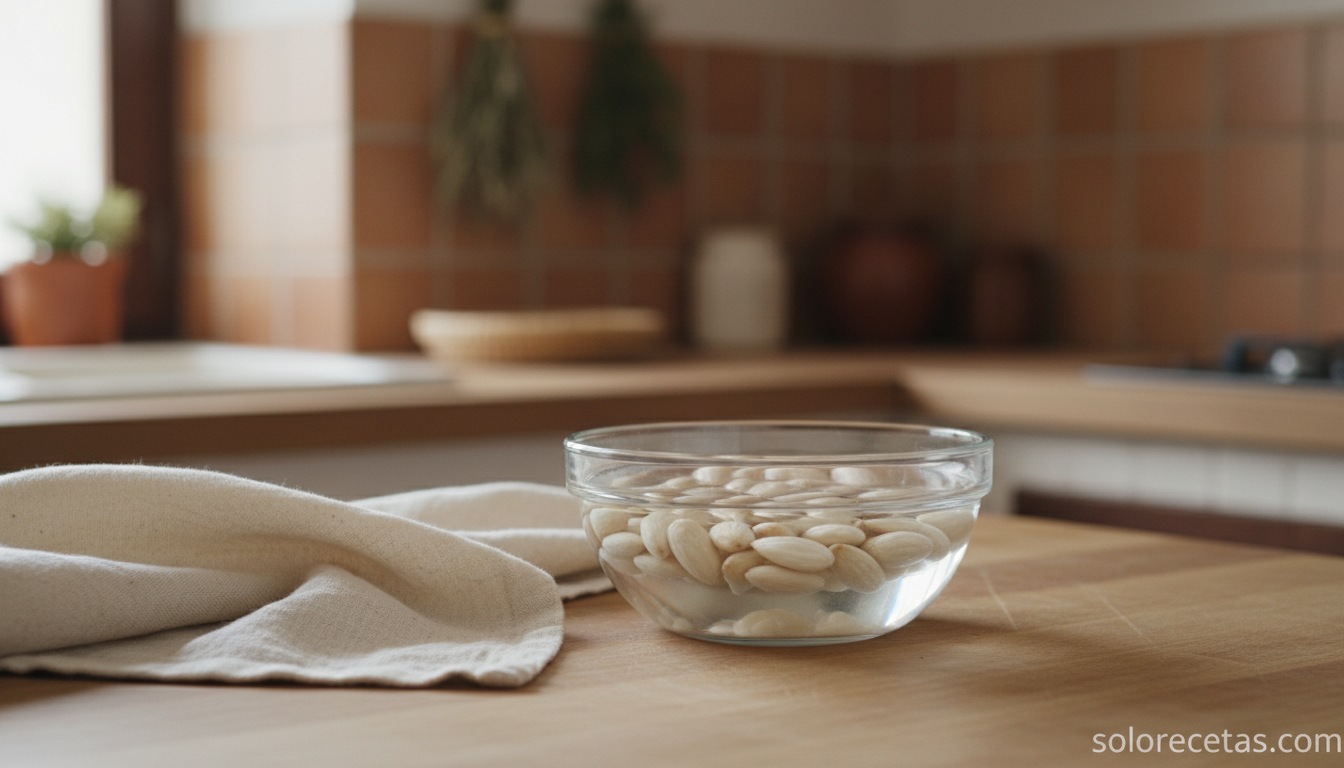 Ajo blanco malagueño: receta tradicional de la sopa fría con almendras 1 Almendras crudas peladas en remojo en bol de cristal
