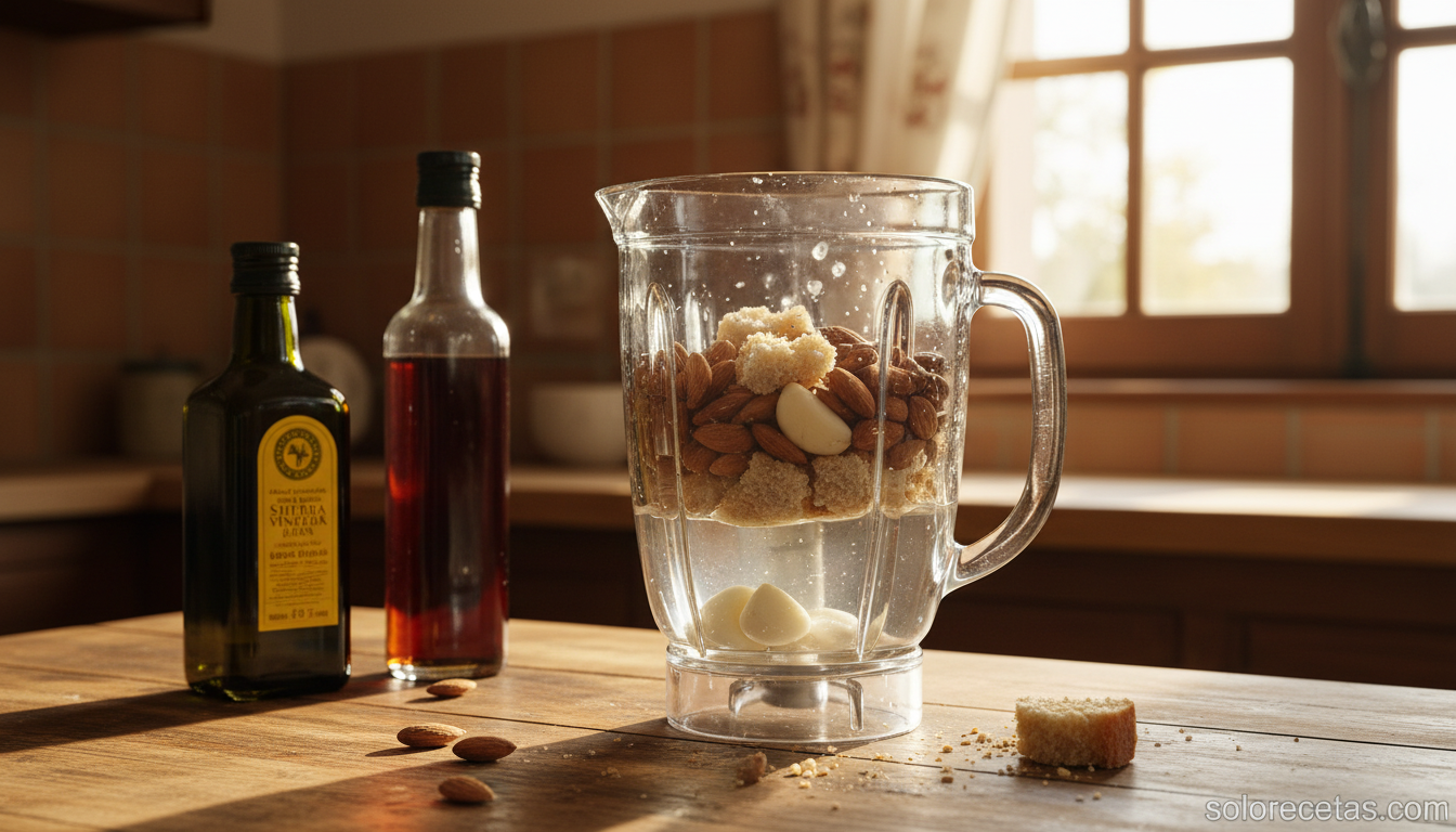 Ajo blanco malagueño: receta tradicional de la sopa fría con almendras 2 Vaso batidora con almendras pan ajo y agua para preparar ajo blanco