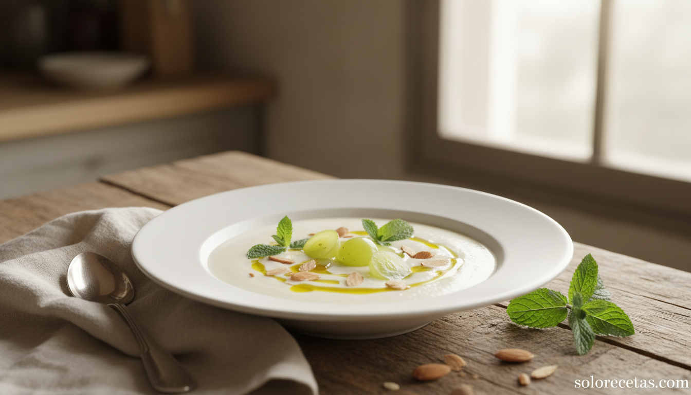 Ajo blanco malagueño: receta tradicional de la sopa fría con almendras 3 Ajo blanco emplatado con uvas peladas almendras laminadas y aceite de oliva