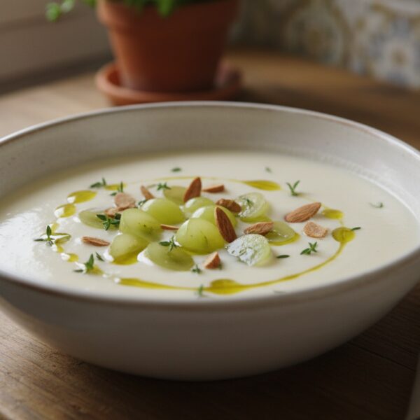 Ajo blanco malagueño servido en cuenco rústico con uvas y aceite de oliva