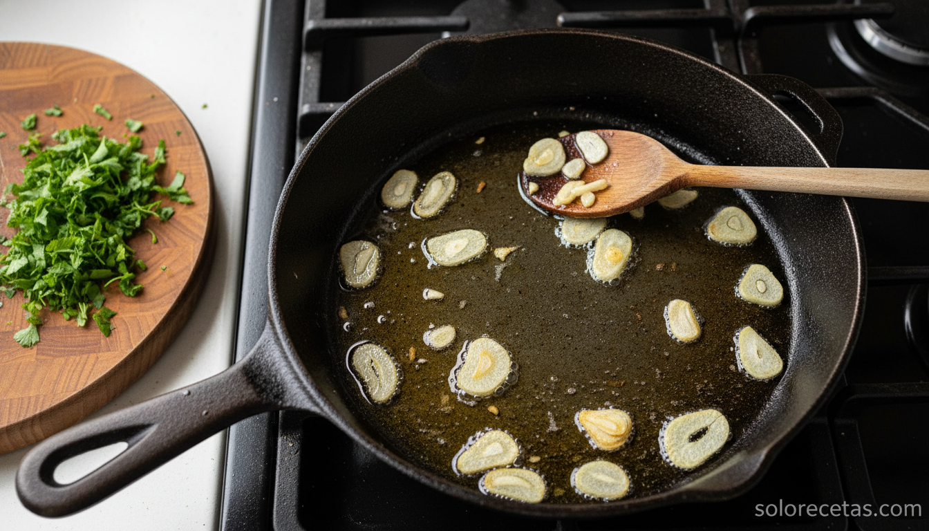Tallarines a la romagnola: receta italiana autentica de Emilia-Romana 1 Ajo laminado dorandose en aceite de oliva para la salsa romagnola