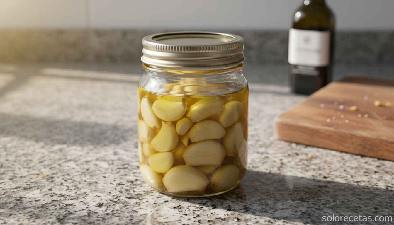 Dientes de ajo pelados conservados en aceite de oliva en tarro de cristal