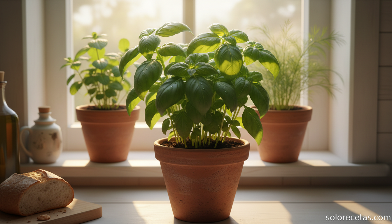 Maceta de albahaca fresca en la ventana de la cocina como repelente natural de moscas
