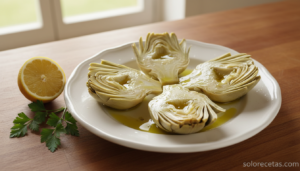 Alcachofas cocidas blancas escurridas sobre un plato blanco