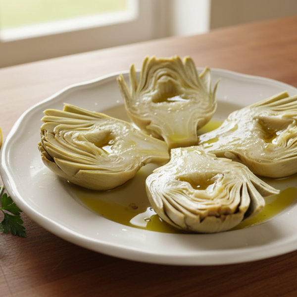 Alcachofas cocidas blancas escurridas sobre un plato blanco