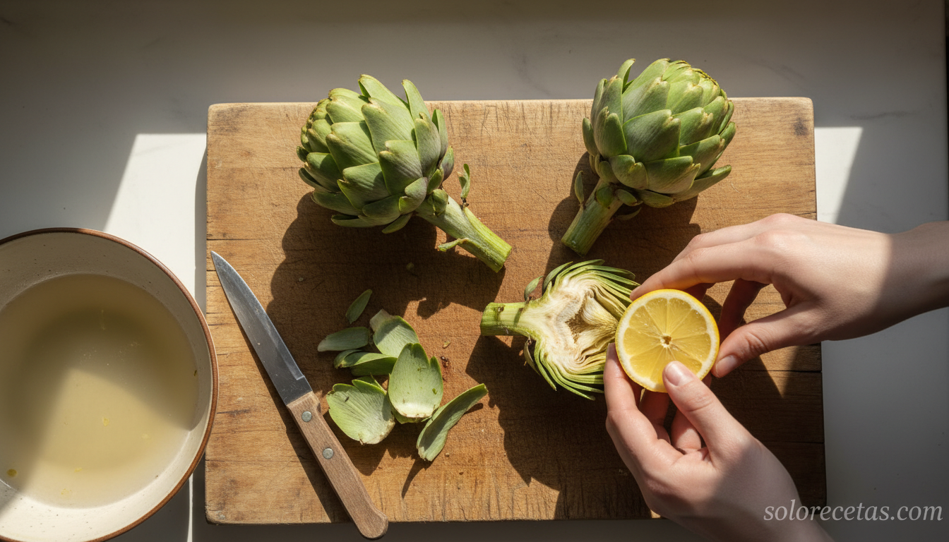 Limpiar alcachofas frescas con limón sobre tabla de cocina