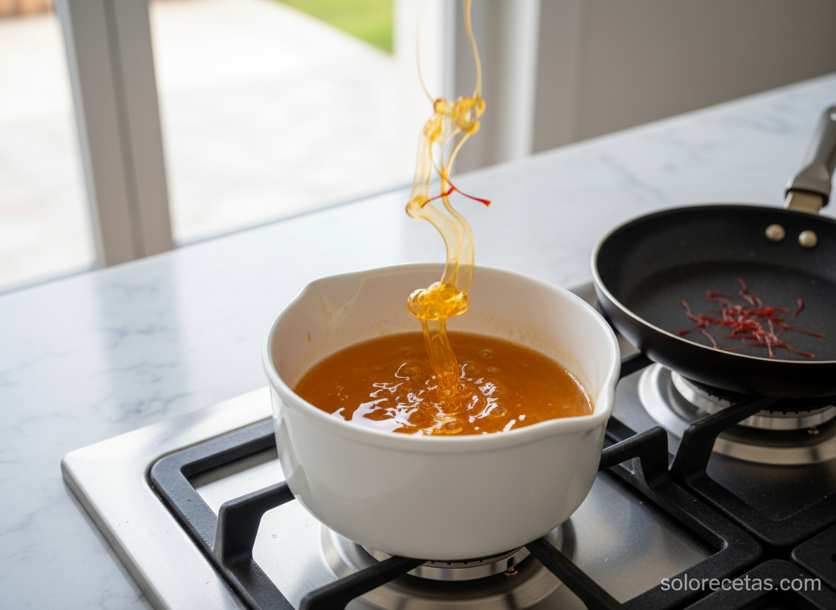 Almíbar de azafrán infusionando en cazo con hebras tostadas