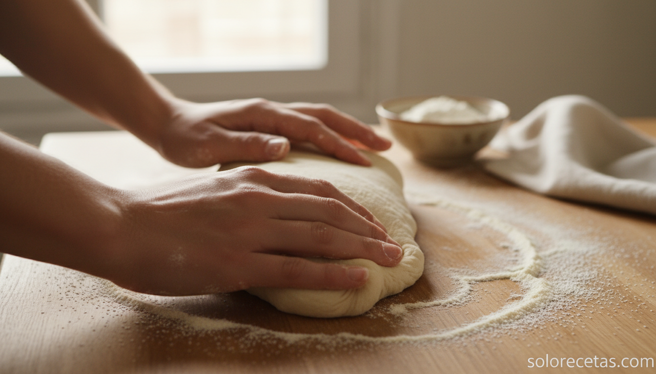 Manos amasando masa de pizza con pliegues sobre encimera enharinada con sémola