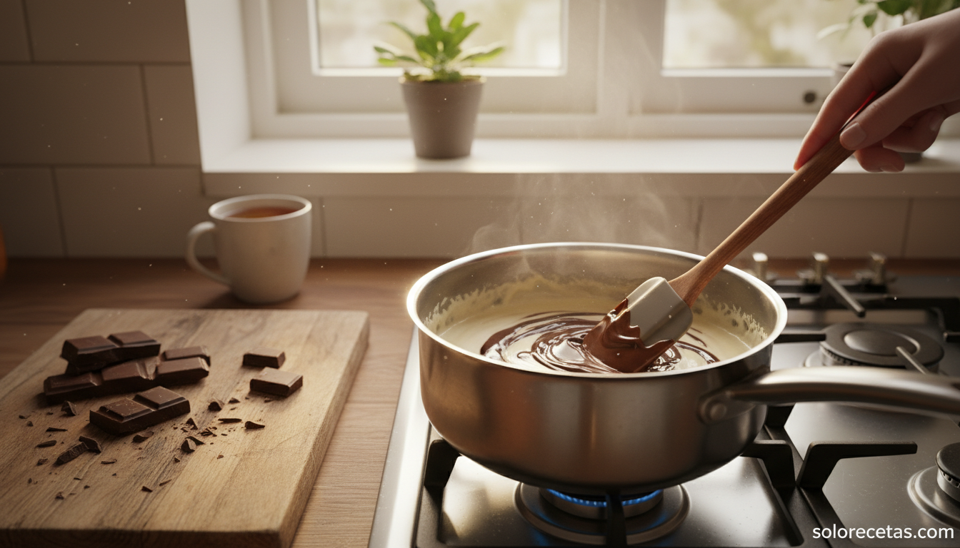 Chocolate negro troceado derritiendose en la crema caliente