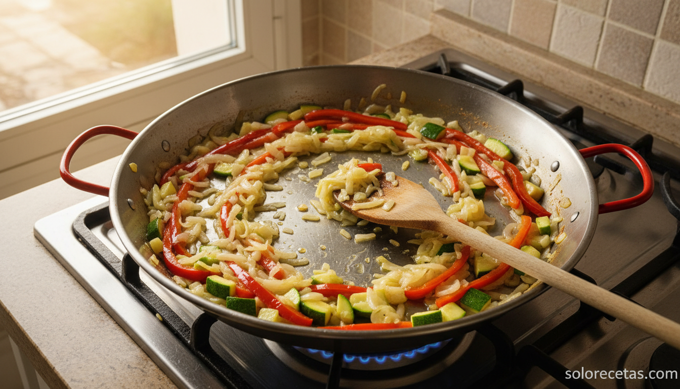 Sofrito de cebolla, pimiento rojo y calabacín en sartén amplia