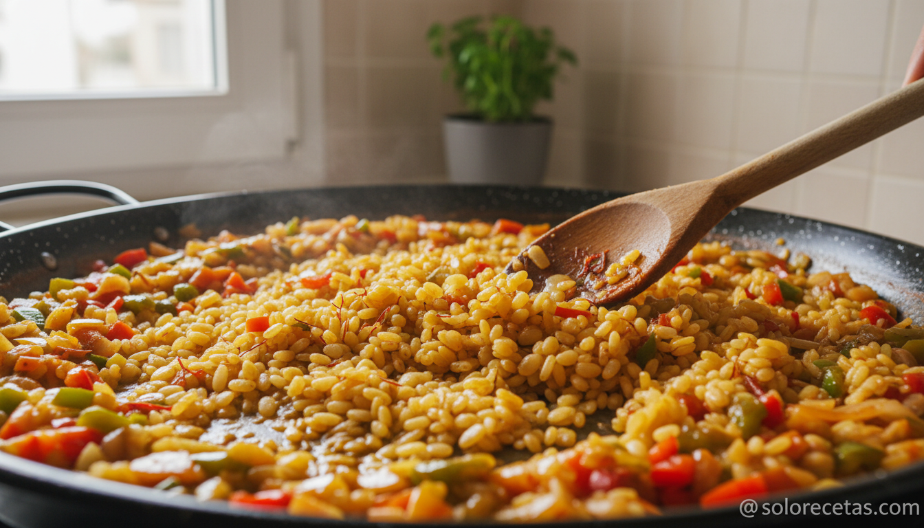 Arroz nacarándose en el sofrito con hebras de azafrán