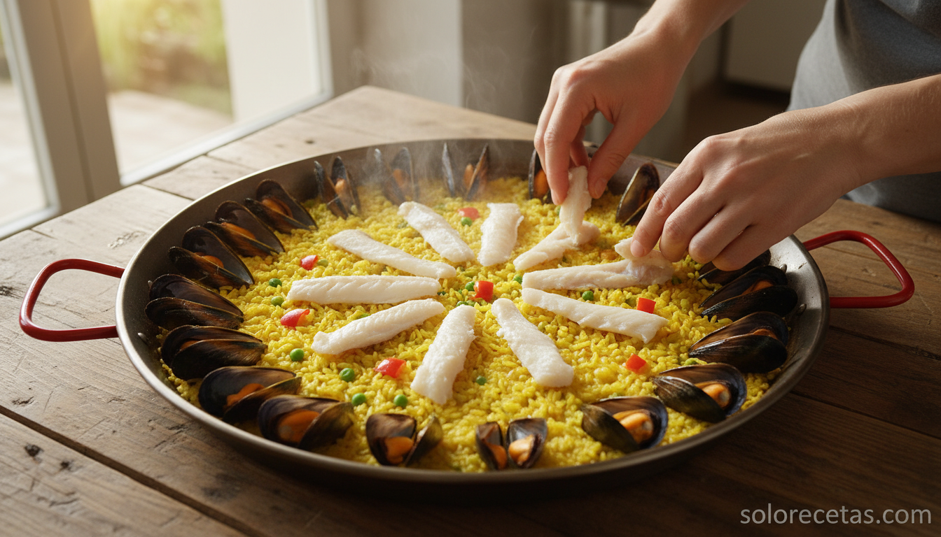 Añadir tiras de mero y mejillones al arroz en la paellera