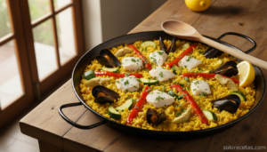 Paellera con arroz con verduras, mero y mejillones recién cocinado