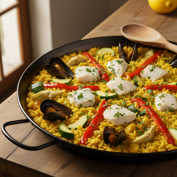 Paellera con arroz con verduras, mero y mejillones recién cocinado