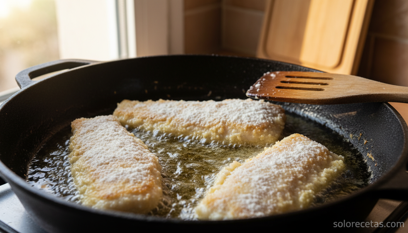 Lomos de bacalao enharinados friendose en sarten con aceite de oliva