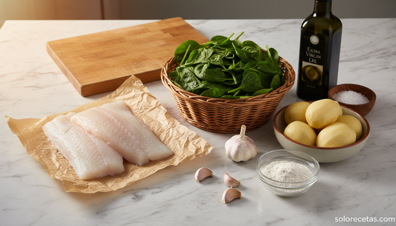 Ingredientes para preparar bacalao con espinacas: bacalao desalado, espinacas, patatas, ajos, harina y aceite de oliva