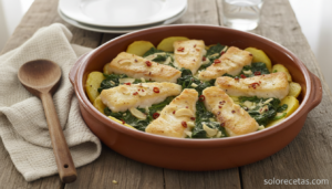 Bacalao con espinacas servido en cazuela de barro con patatas fritas y salsa de ajo