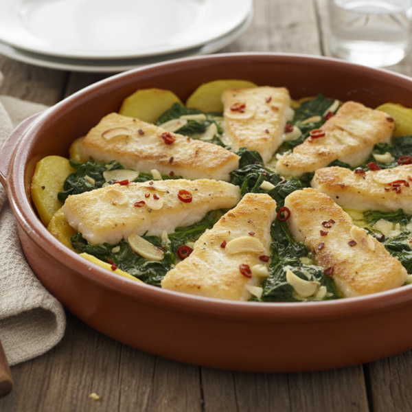 Bacalao con espinacas servido en cazuela de barro con patatas fritas y salsa de ajo