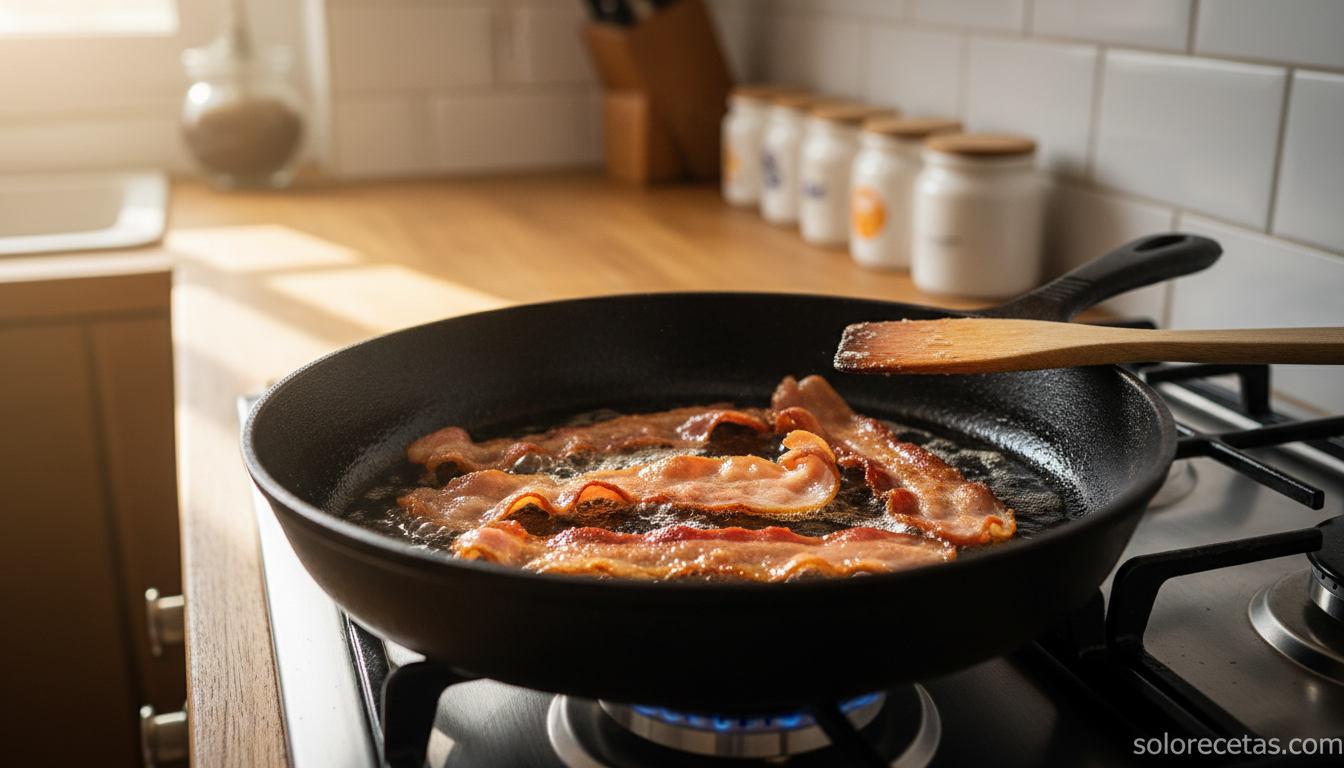 Sándwich de bacon y calabacín: receta casera crujiente y jugosa 1 Bacon dorándose en sartén sin aceite para el sándwich